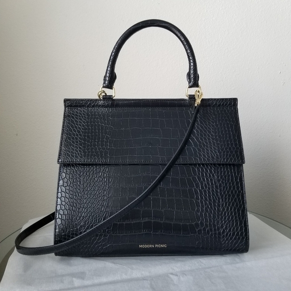 Modern Picnic Large Luncher in Black Faux Crocodile - Picture 2 of 15